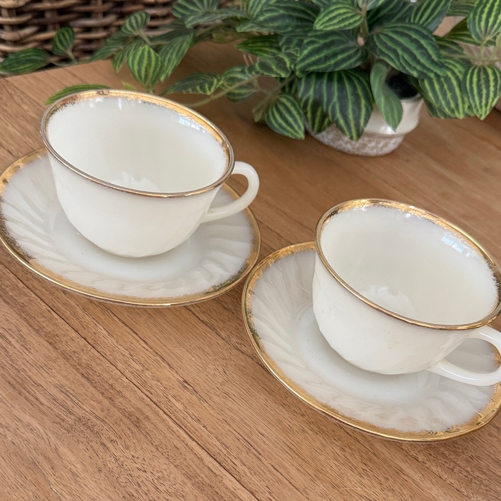 Vintage Fire King Gold-Trimmed White Teacup Set of 2